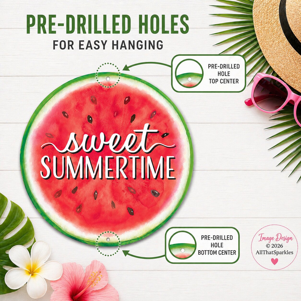 Watermelon 12" Round Sign Sweet Summertime for Wreath Center Attachment, Party & Wall Decorations