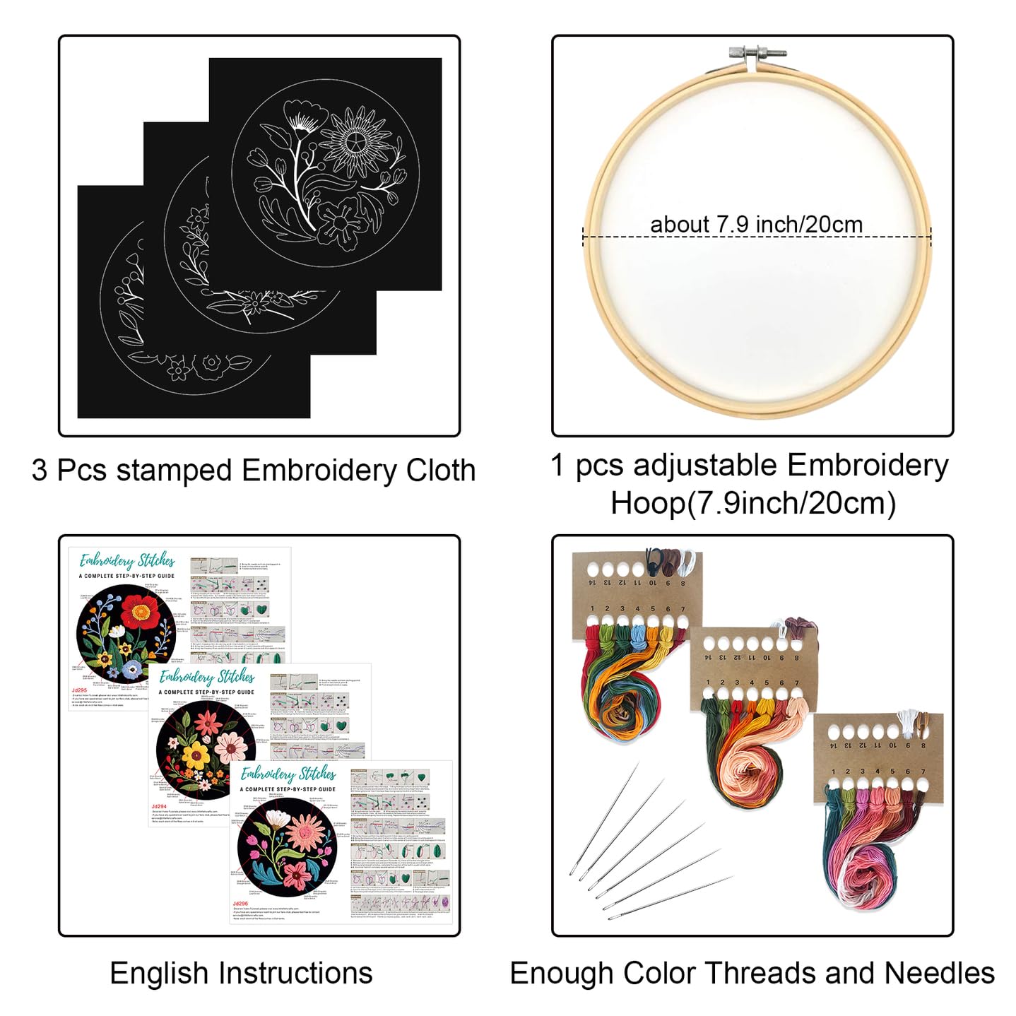 3 Sets Flowers Embroidery Kits for Beginners,Cross Stitch Kit for Adults,Crewel Starters Needlepoint with Floral Pattern,Hoop,Threads and Instruction