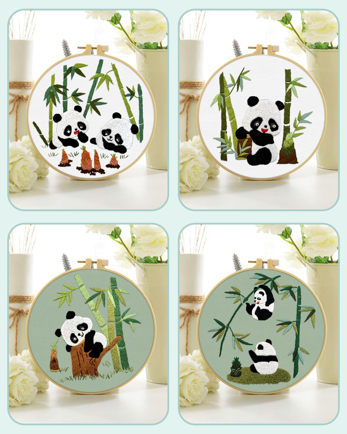 4 Sets Embroidery Kit for Beginners, Animal Cross Stitch Set for Adult Include Embroidery Cloth Hoops Threads for Craft Lover Hand Stitch (Panda)