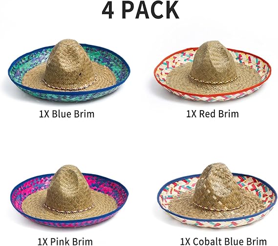 Pack of 4 Fiesta Sombrero Hats with Chin Strap – Colorful Mexican Party Hats for Adults, Cinco de Mayo Costume & Mexican Theme Celebration Accessories