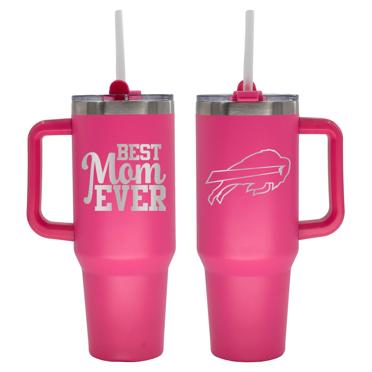 40oz Pink Stainless Steel Colossal Tumbler, Etched, Best Mom Ever Design, Buffalo Bills