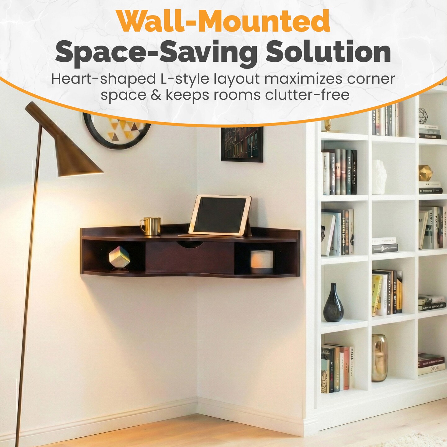 Basicwise Wall Mounted Folding Desk with Drawer and Two Shelves - Fold Down Floating Desk for Small Spaces, Writing Table, Laptop Workstation, Space Saving, Easy Assembly