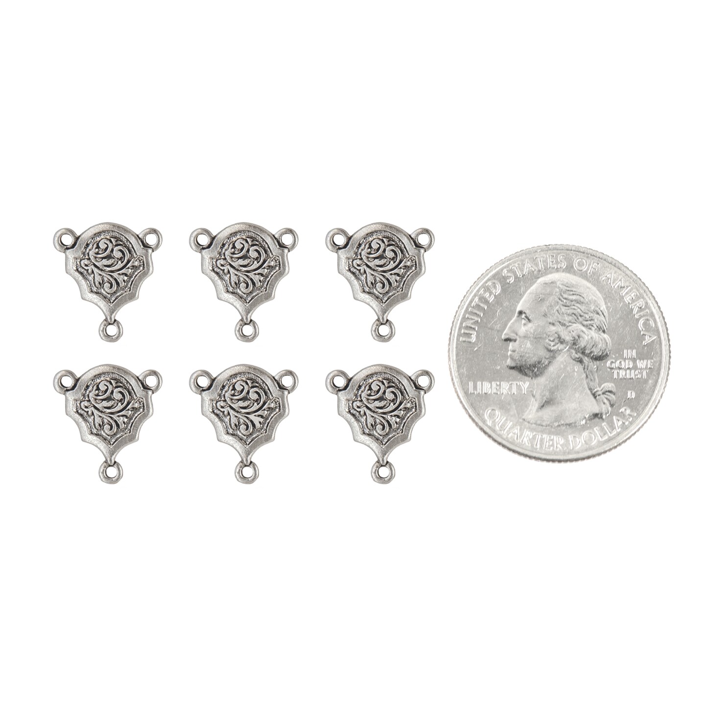 Pewter Plated Brass Art Deco Etched Shield Three Way Connectors - Set of Six - P-3C21
