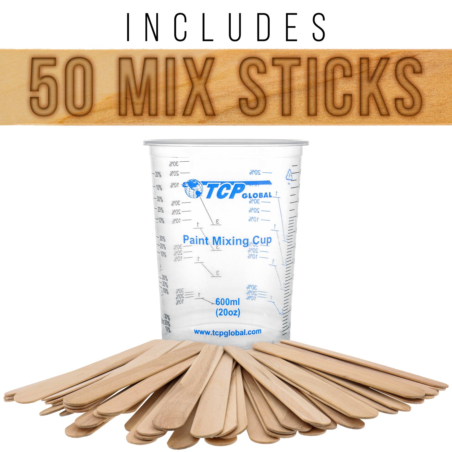 20 oz. (600ml) Graduated Plastic Mixing Cups - Box of 100 with 50 Mixing Sticks - Disposable Plastic Measuring Cups for Liquids, Paints, Resin, Epoxy, Art, Kitchen - Ratios 2-1, 3-1, 4-1 ML
