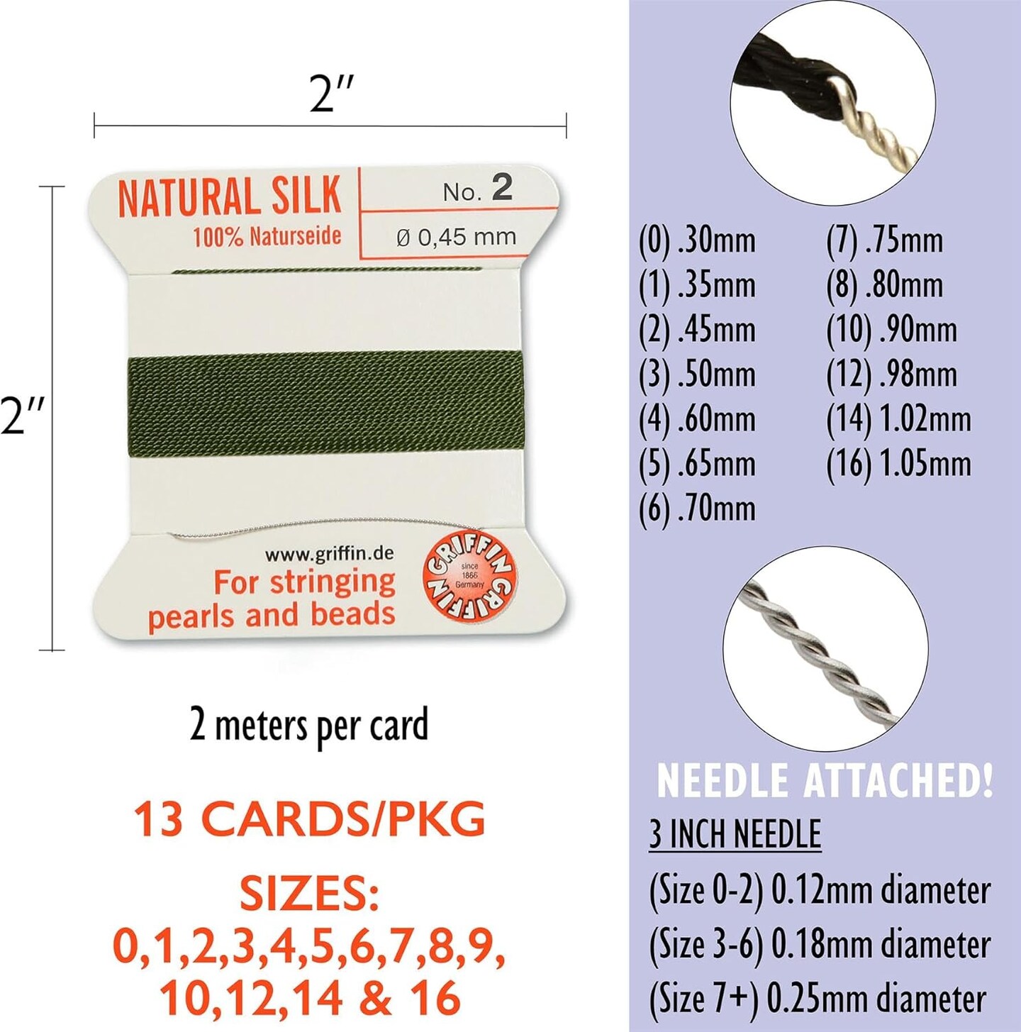 Griffin Silk Bead Cord Perlseide – Size Assortment 0-16 – 2 Meters per Card – Stainless Steel Needle Attached – for Knotting Pearls, Gemstones, Crystals and Beads