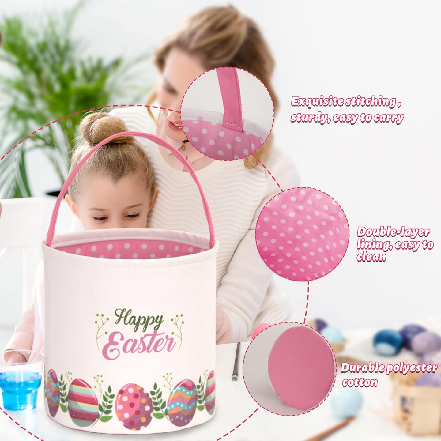 Easter Bunny Basket Egg Buckets Gifts Tote Bags, Canvas Cotton Pink Cute Personalized Egg Hunt Basket Stuffers for Easter Party