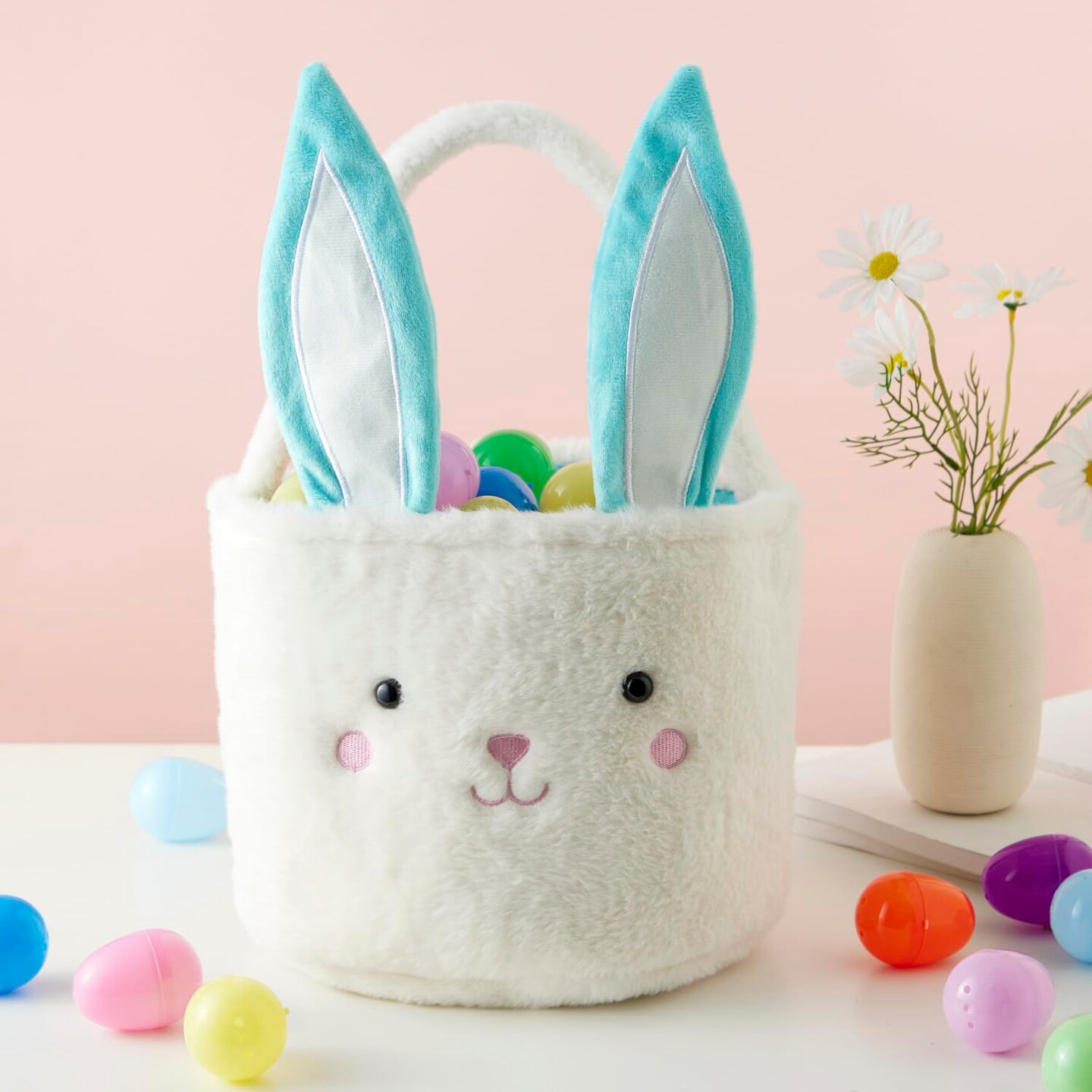 Plush Bunny Basket for Easter Fluffy Easter Bunny Bucket for Egg Hunts Easter Basket Easter Egg Basket Easter Egg Holder (Blue White)