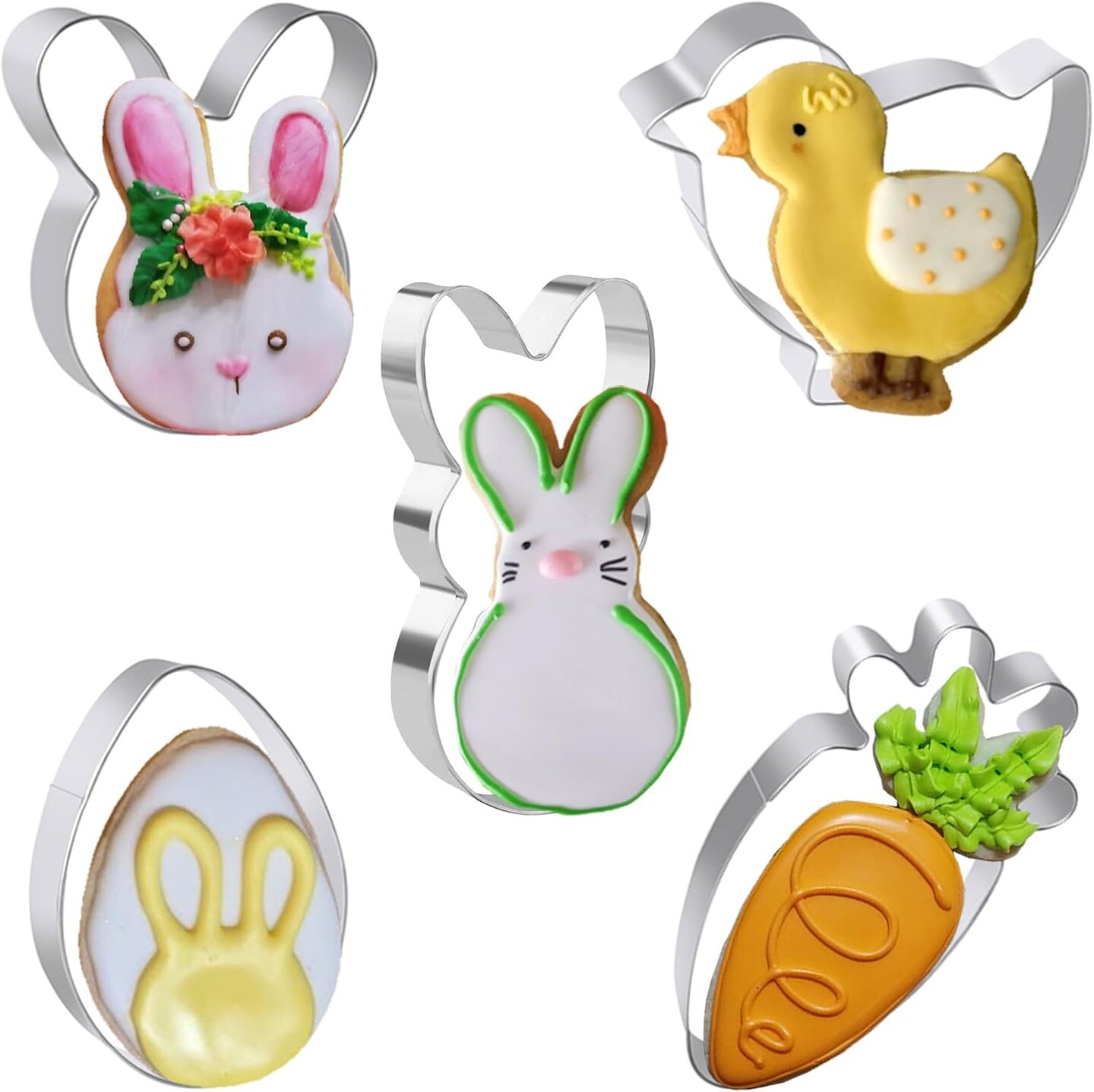 Easter Cookie Cutters Set, 5 Pcs Easter Bunny, Egg, Rabbit, Chick, Carrot Stainless Steel Biscuit Cutters for Easter Biscuits
