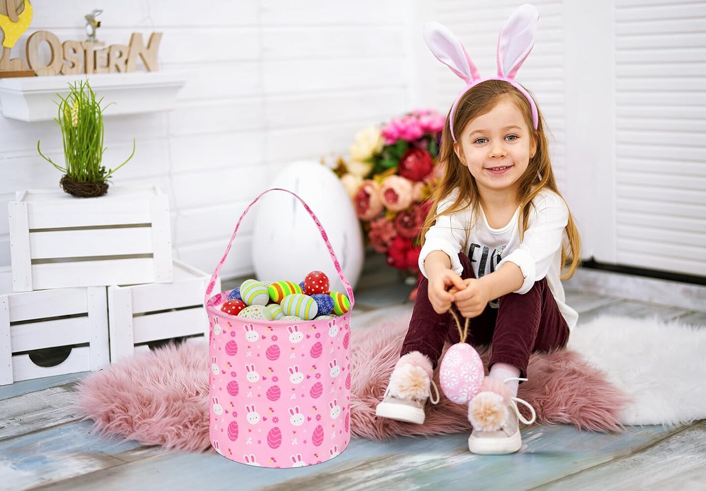 Easter Eggs Storage Basket Gift Buuny Basket Collapsible Storage Bins with Handles Nursery Basket for Home and Office Decoration (Pink Rabbit)