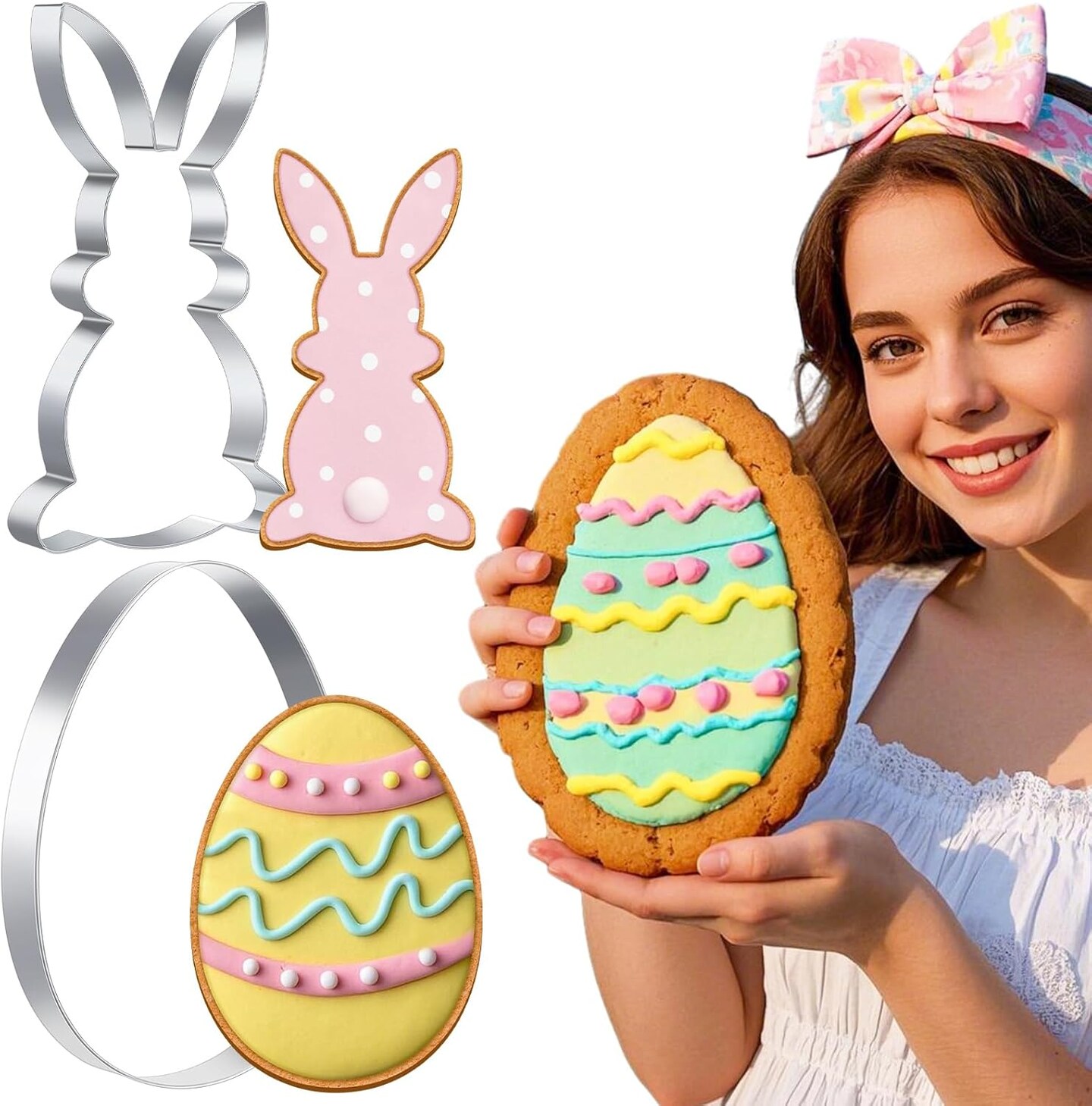 2 Pcs Large Easter Cookie Cutters 8" Extra Large Bunny and Egg Stainless Steel Giant Cookie Cutter for Easter Holiday Baking