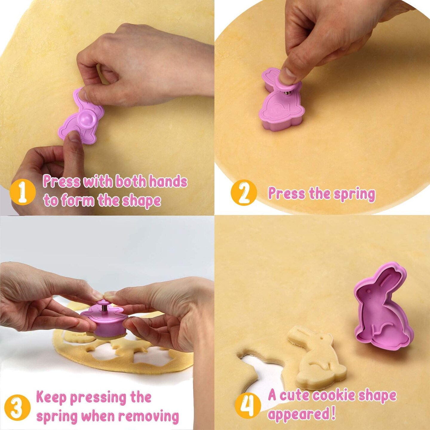 Mini 3D Easter Cookie Cutters Set, Easter Fondant Biscuit Pastry Cookie Cutter Stamp, Spring Spring-Loaded Handle Cutter Shape with Eggs, Chick, Butterfly (4 PCS)