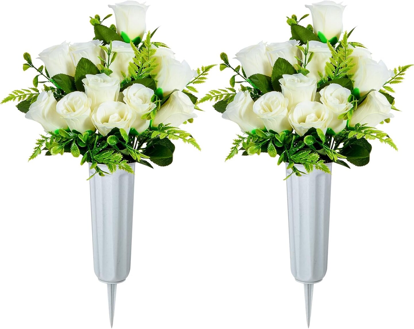 Artificial Cemetery Flowers, Set of 2 Artificial Rose Bouquet Grave Memorial Flowers with Vase for Cemetery Headstones Decoration (White)