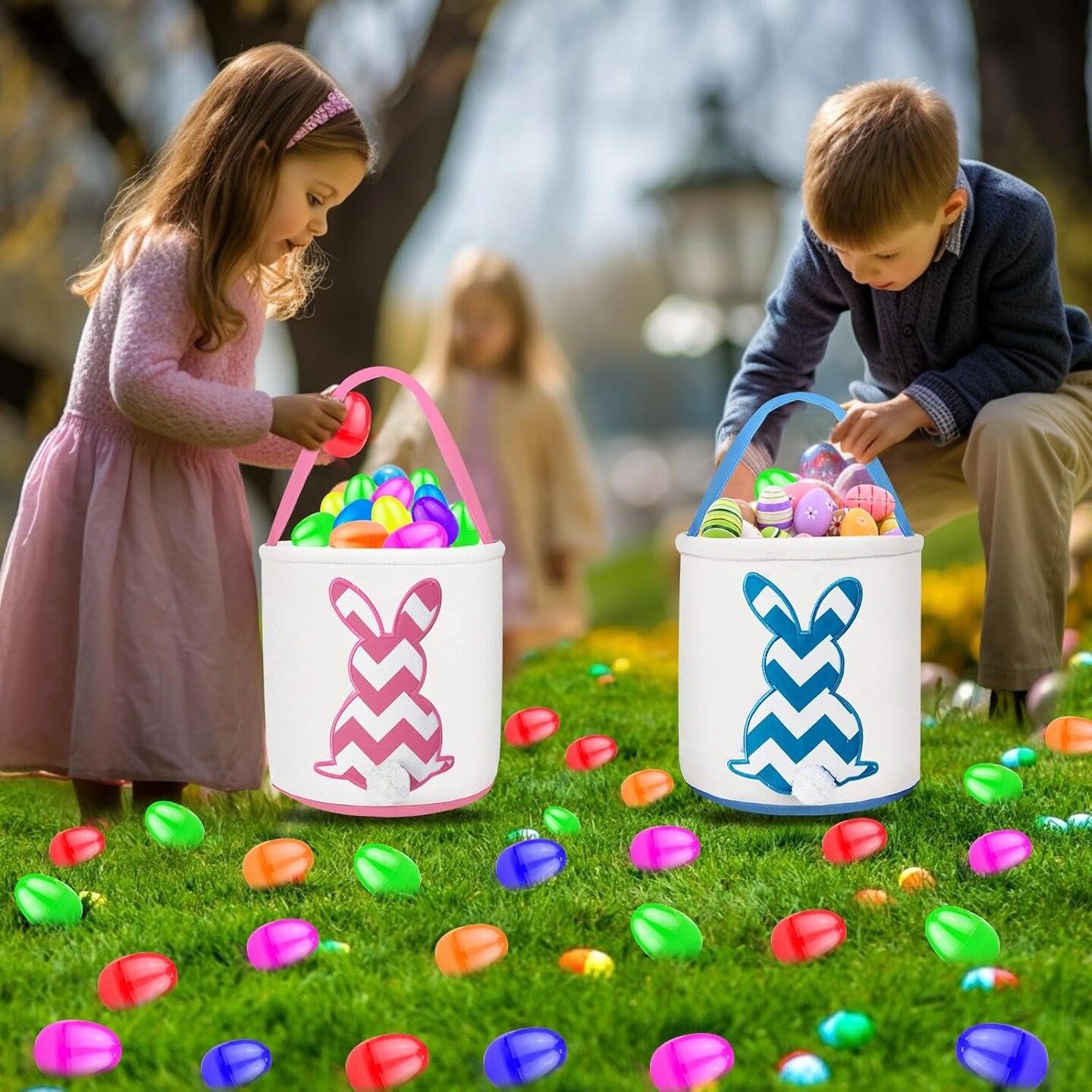 2 Pack Easter Eggs Baskets for Kids,Canvas Personalized Easter Bunny Baskets Bucket Tote Gifts Bags with Rabbit Tail for Girls Boys Easter Eggs Hunt Easter Party Favors Decorations Toy