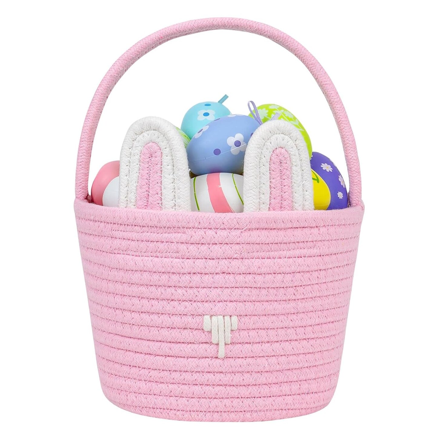 Easter Basket for Kids &#x26; Babies - Soft &#x26; Safe Handwoven Cotton Rope Bunny Basket, Easter Egg Hunt &#x26; Festive Decor, White Pink, Small