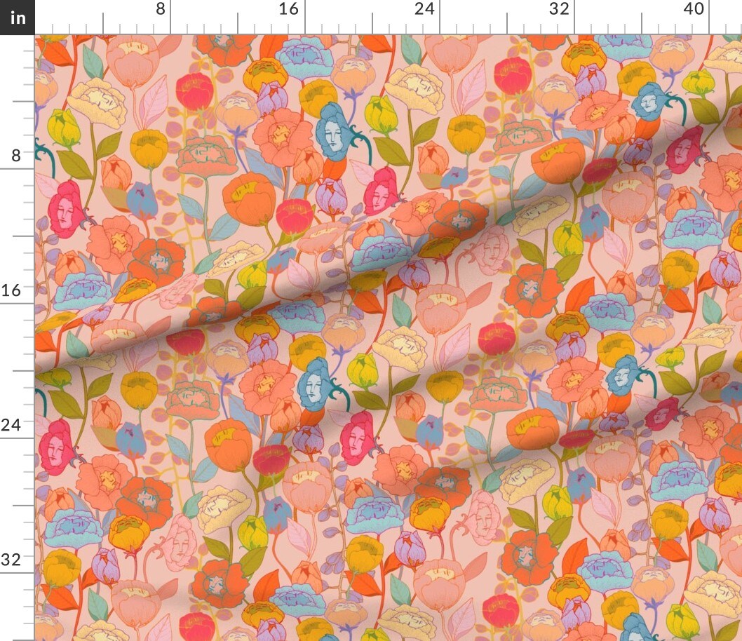 Surreal Floral Maximalist Psychedelic Fantasy Magical Flowers With Faces Bright Pastel Custom Printed Fabric by Spoonflower Various Fabrics by the Yard or Fat Quarter