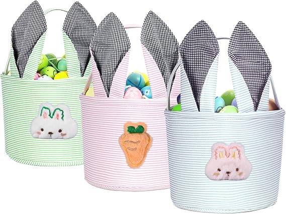 Personalized Easter Basket for Boys Girls, Seersucker Egg Hunt Bunny Baskets for Kids