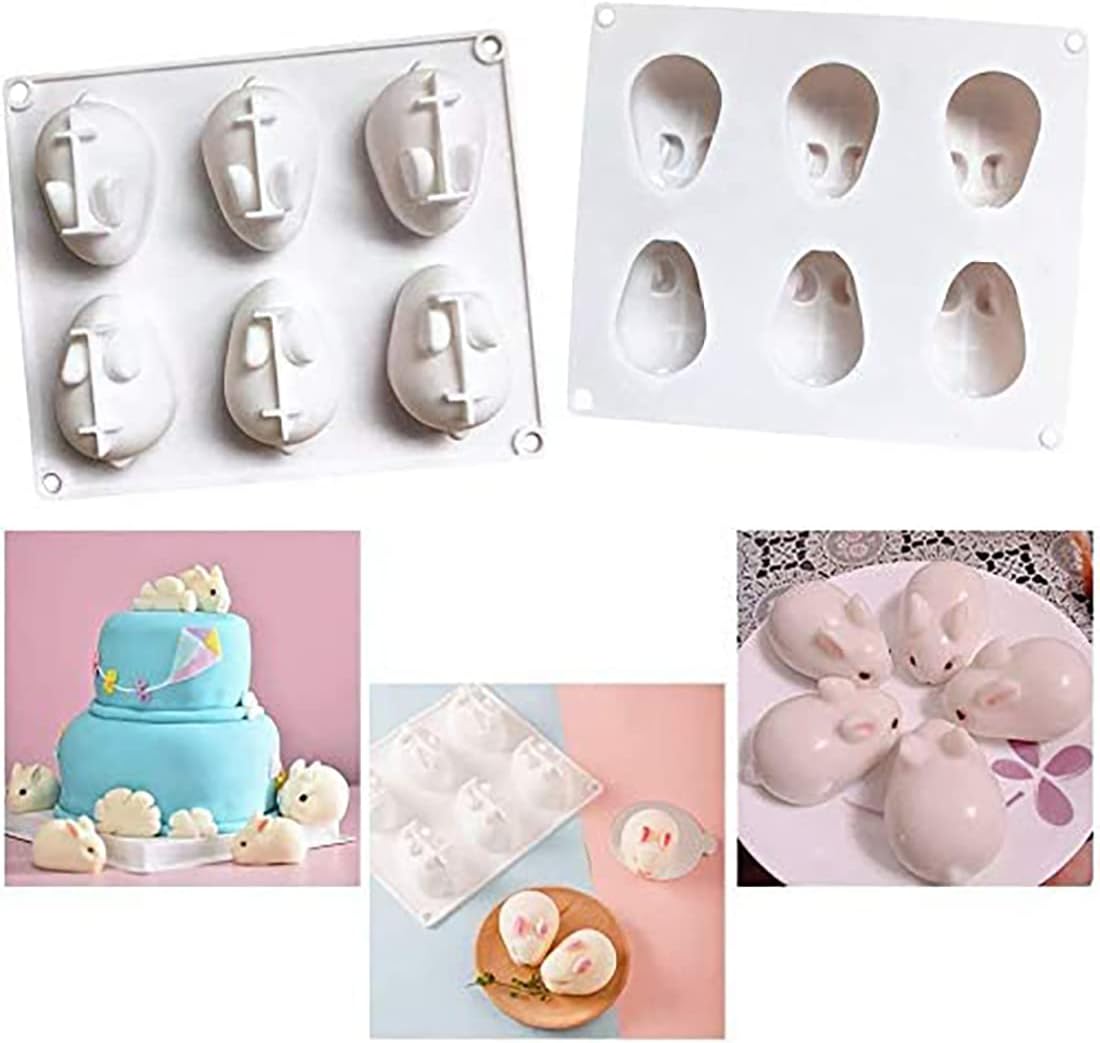Bunny Silicone Molds, 6 Holes 3D Easter Silicone Bunny Chocolate Molds, Easter Rabbit Bunny Baking Mould for Mousse Cake Pudding Jelly Dessert Fondant Cheesecake Soap Ice Tray-2 pack