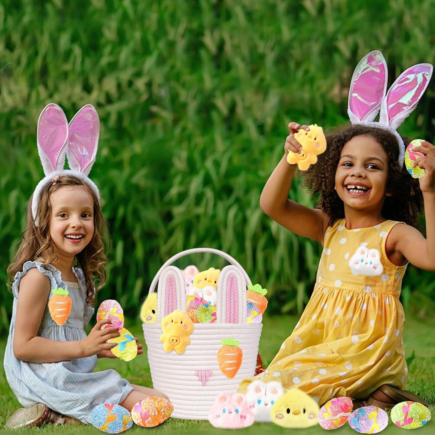 Easter Basket for Kids Easter Bunny Woven Basket with Rabbit Ears, Bunny Egg Hunting Bag with Cute Rabbit Chicken Carrot Plush Decorations for Girls Boys Spring Presents