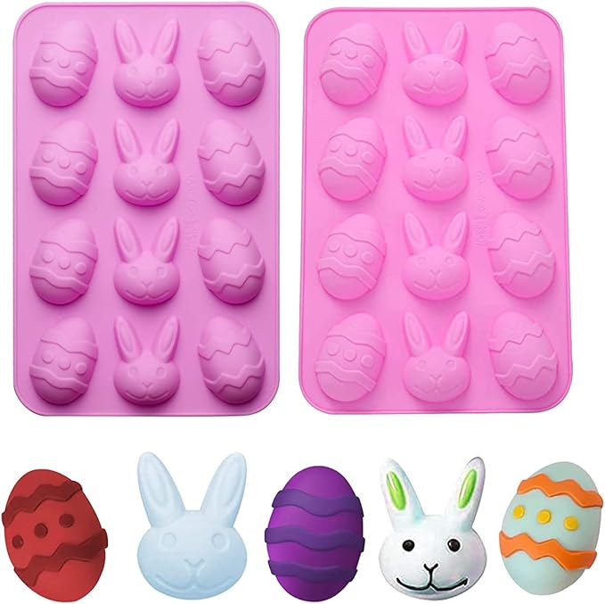 2 Pack Bunny & Egg Silicone Molds Easter Day Cake Pan Silicone Molds for Baking Cupcake Muffin Making Chocolate Candy Ice Cube Jello Jelly Soap Wax Crayon Melt(Pink and Purple)