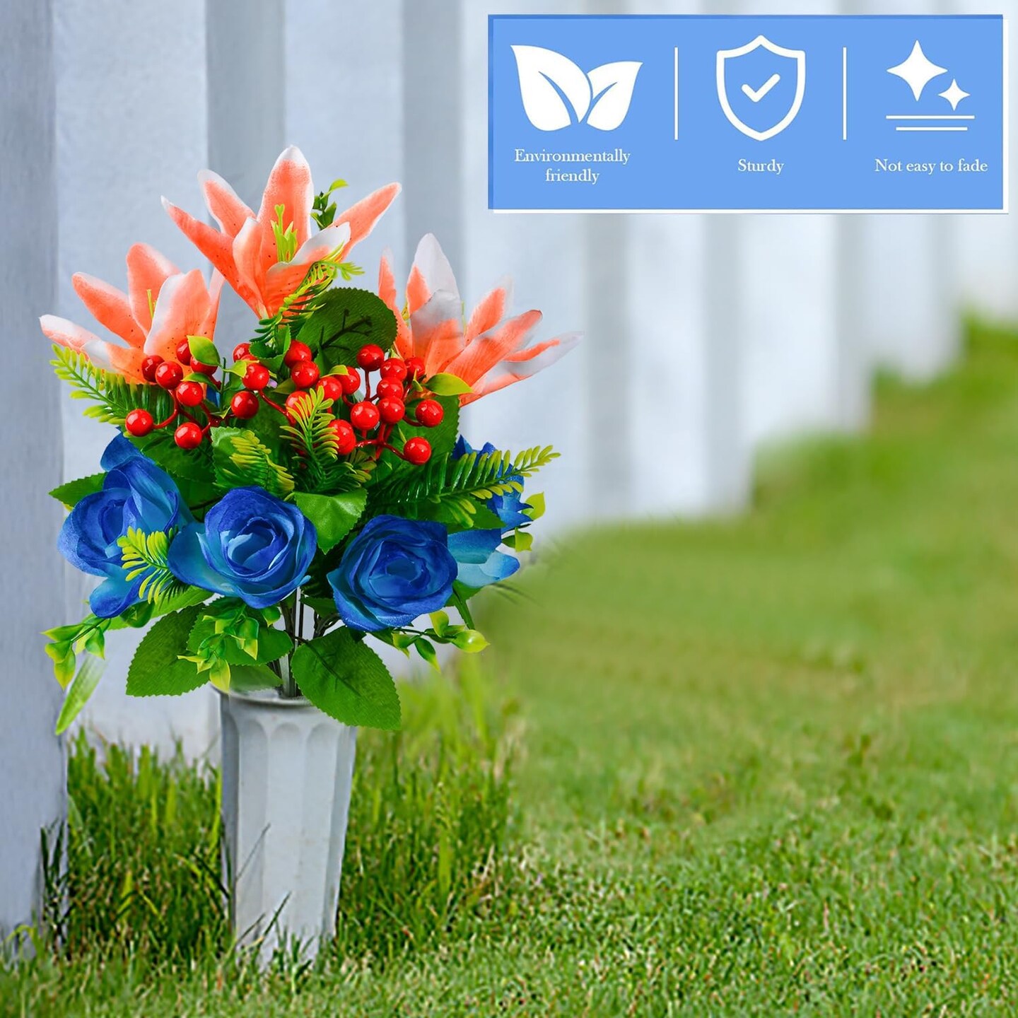 Artificial Cemetery Flowers for Grave, Set of 2 Artificial Flowers Bouquet Memorial Flowers with Vase for Outdoor Cemetery Headstones Graveyard Gravestone Decoration