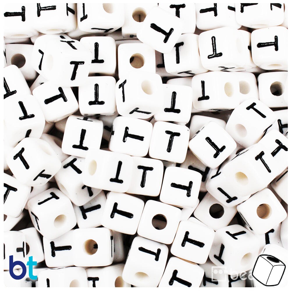 BeadTin White Opaque 10mm Cube Plastic Alpha Beads - Black Letter T (20pcs)