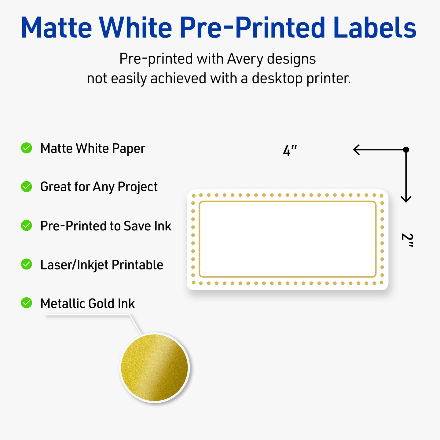 Avery Printable Rectangle Labels, Gold Border with Gold Dots, 2&#x22; x 4&#x22;, Matte White Rectangle Labels, Permanent, Laser/Inkjet, 100ct, Great for Product Labels