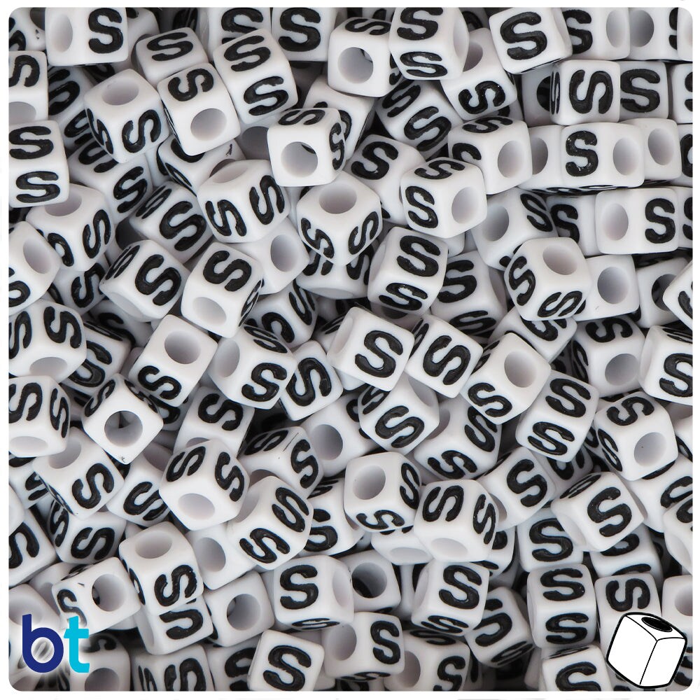 BeadTin White Opaque 7mm Cube Plastic Alpha Beads - Black Letter S (75pcs)