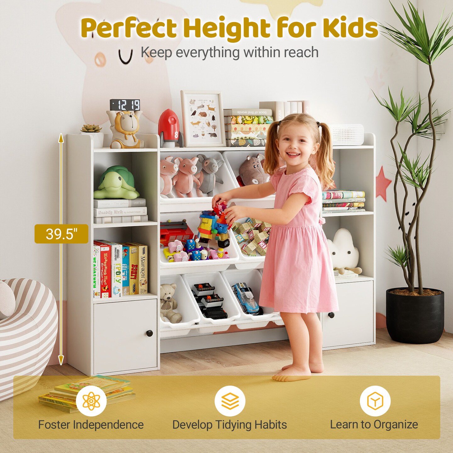 Kids Toy Storage Cabinet with 8 Bins, Open Shelves & Single-Door Cabinet Child-Friendly Organizer for Books