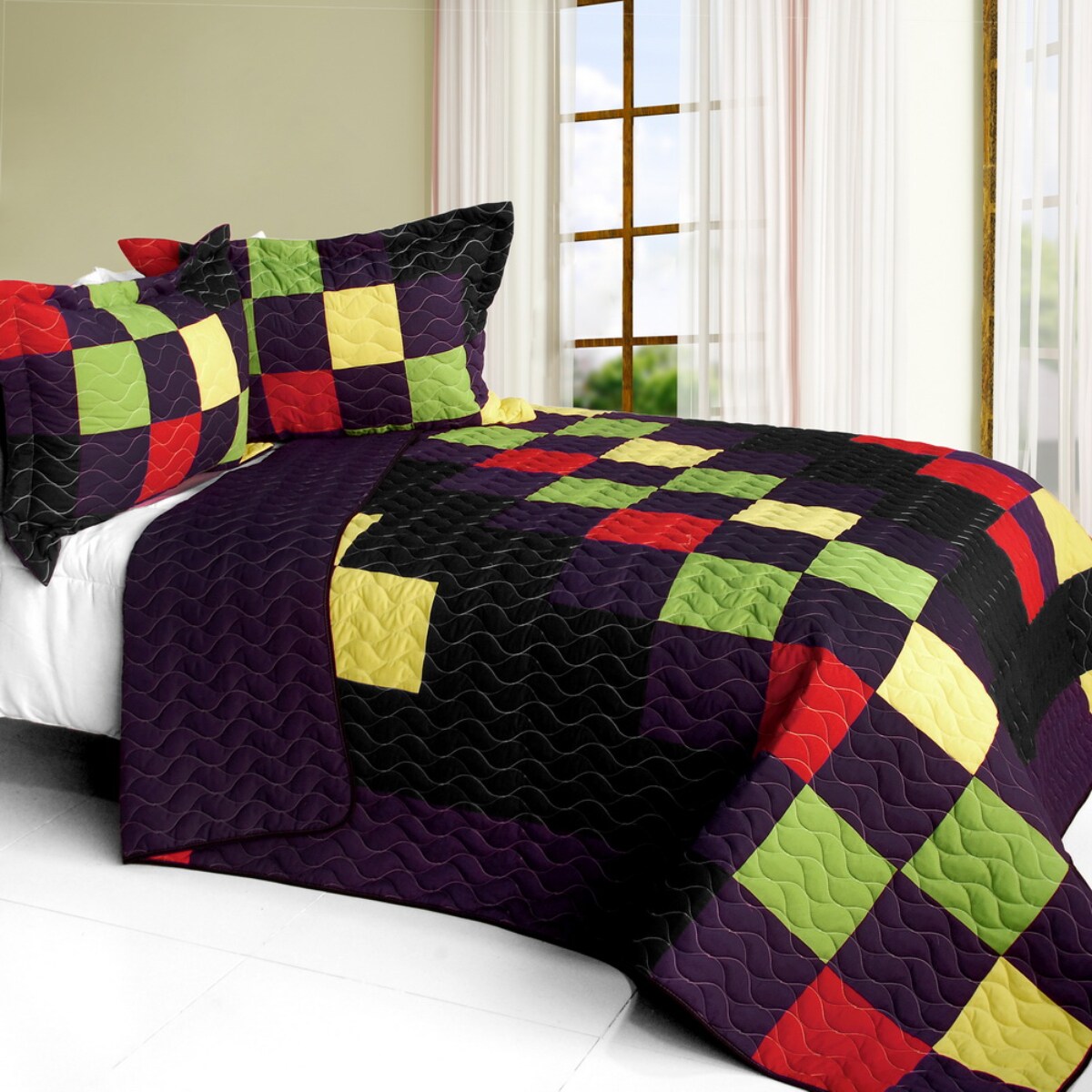 Full/Queen 3-Pc Reversible Quilt Set Hand-Stitched Block Patchwork