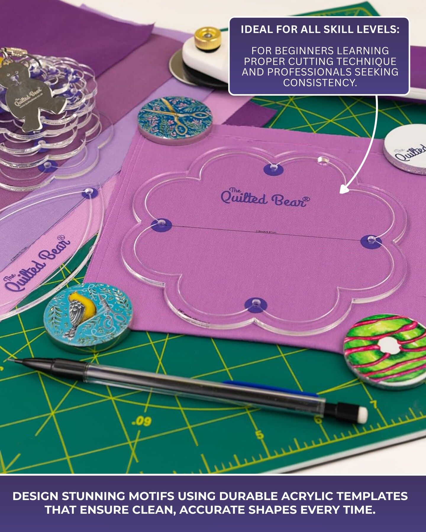 The Quilted Bear Square Quilting Templates – 8 Clear Non-Slip Acrylic Quilt Templates for Precise Fabric Cutting & Stress-Free Machine Quilting - Ideal for Quilt & Sewing Supplies (¾–3")