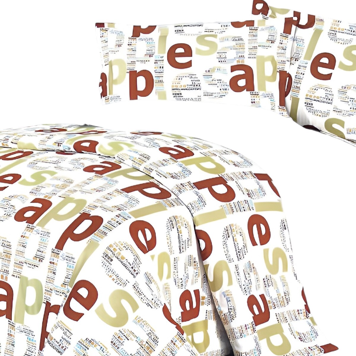 Apple Letters Print Comforter Set 5PC All-In-One Playful Bedding