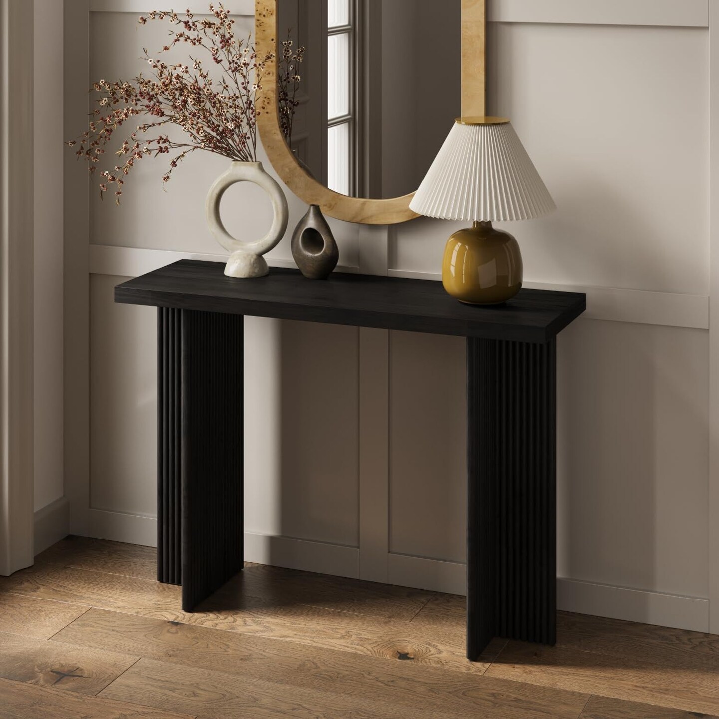 Fluted Console Table - Small Entry Desk for Narrow Spaces - Modern, Mid-Century Home Decor - Living Room Furniture - Solid Wood Entryway Table - Fluted Cross Bass and Rectangular Top (Black)