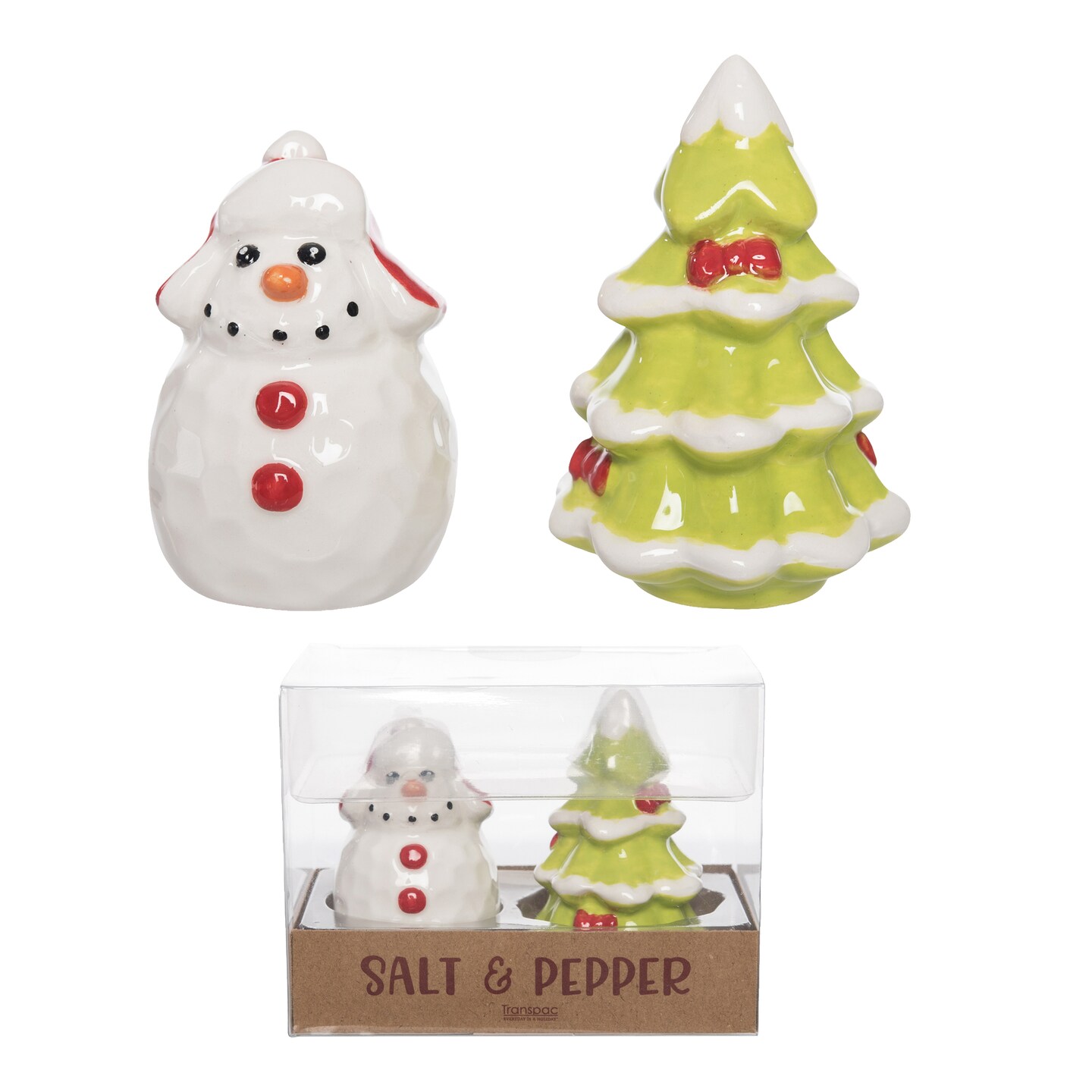 Ceramic Snowman and Tree Salt and Pepper Shaker Set Multicolor