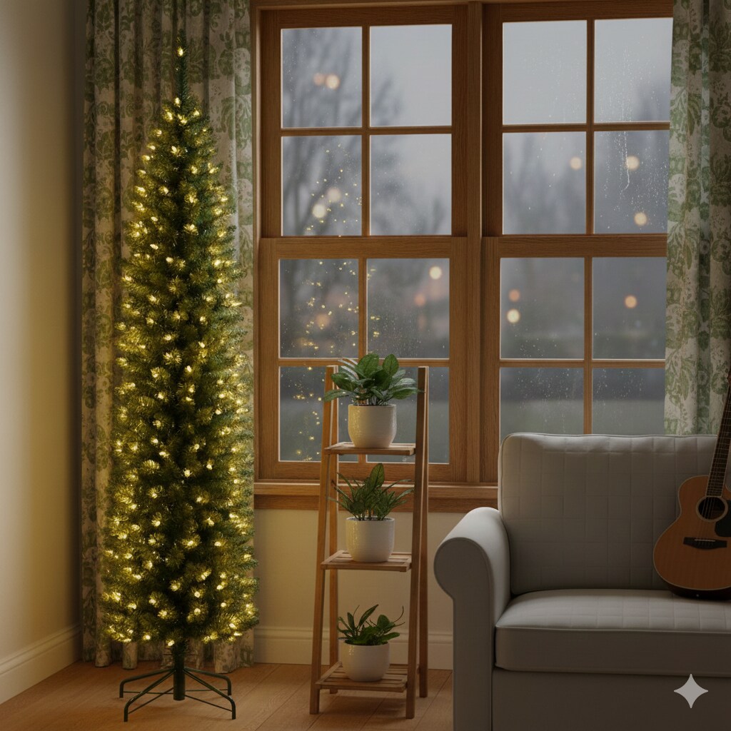 7ft. Pre-Lit Pencil Artificial Christmas Tree, Clear LED Lights – Premium Design by Holiday Tree