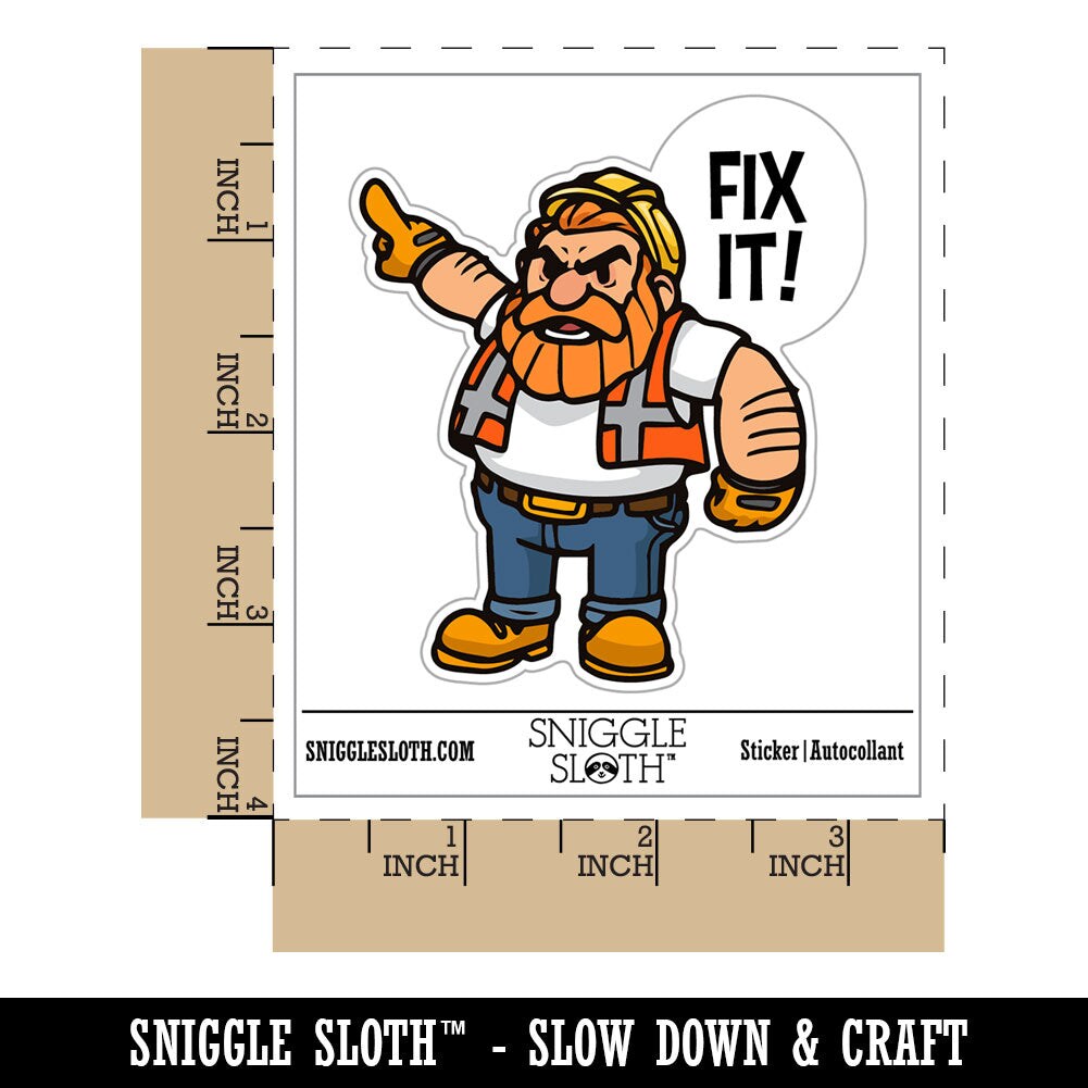 Water Bottle Sticker Set Fix It Grumpy Construction Worker Builder Cute Waterproof Vinyl Stickers Pack Decal, Skateboard, Laptop, Car, Window, Bumper - 5 Pack