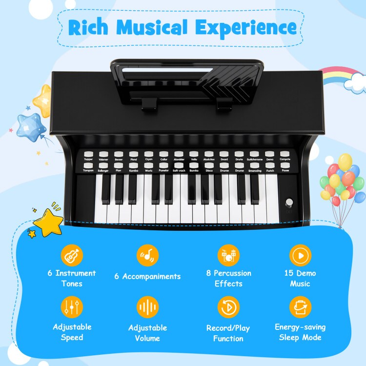 Mini 25-Key Kids Piano with Stool, Adjustable Speed, Volume, and Record/Playback Feature