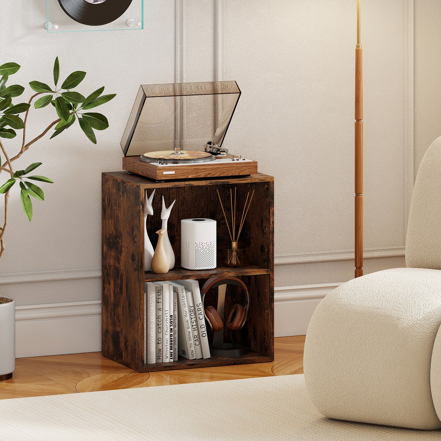 2-Tier Adjustable Cube Bookshelf, Rustic Engineered Wood Storage Organizer, Modern Display Shelf