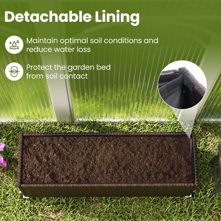 PE Rattan Wicker Raised Garden Bed Planter Box with Wheels and Liner