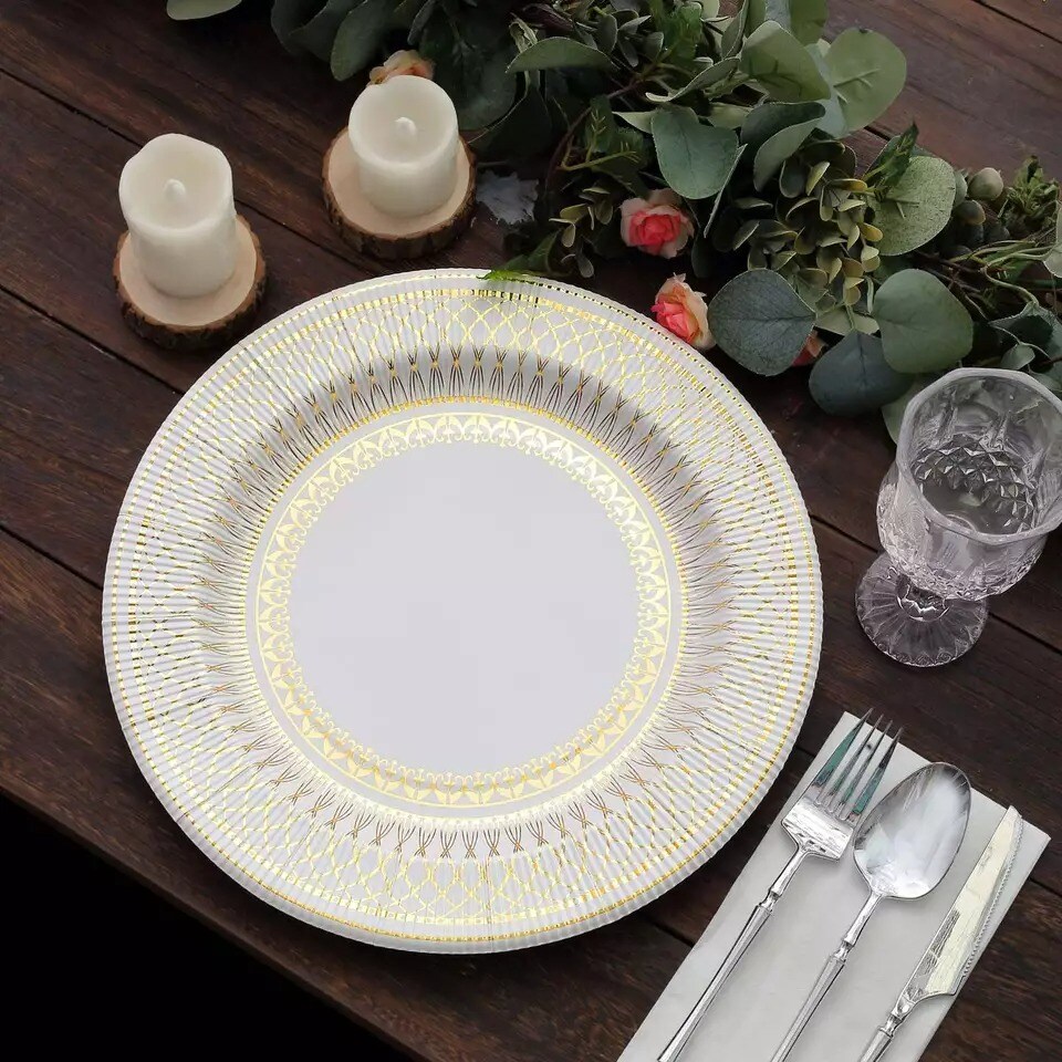 White Gold 25 Round 13&#x22; Vintage Disposable Paper Charger Plates Party Decoration