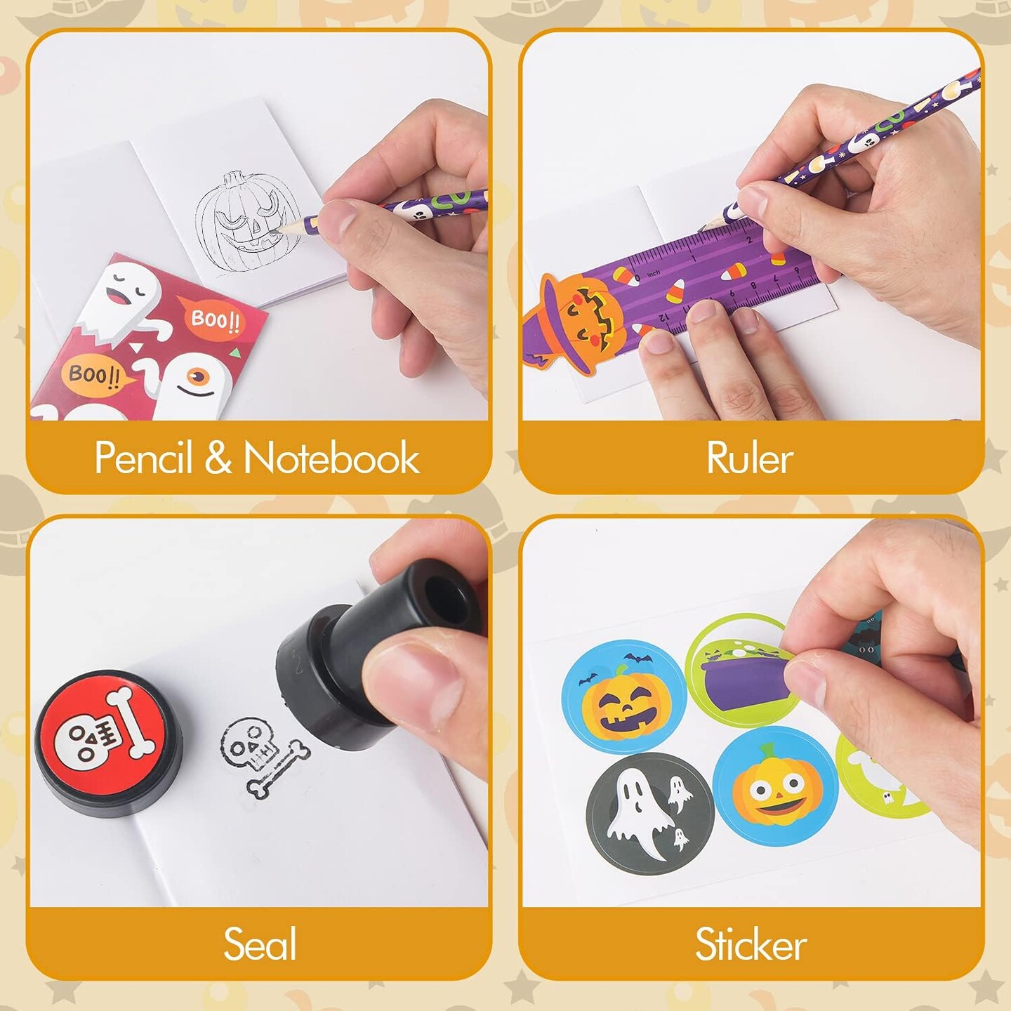 Set for kids, Halloween Party Favors set, Halloween Stationery gift kit, Halloween Goody Bag Fillers including Pencil, Eraser, Ruler, Notepad, Stamper, Sticker