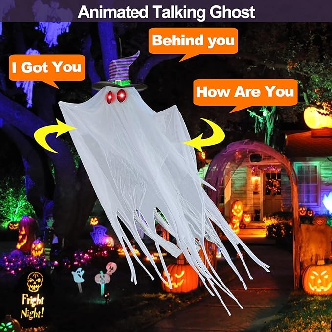 Animatronic Hanging Ghost Sound Activated Color Changing Eyes Spooky Laugh Sound Lighted Flying Ghost Halloween Decoration Outdoor Haunted House Prop Yard