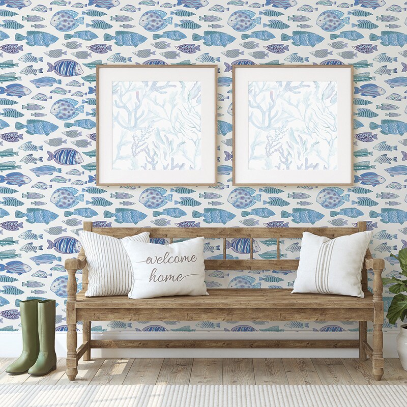 Tempaper Marine Fish Peel and Stick Wallpaper Aqua/White
