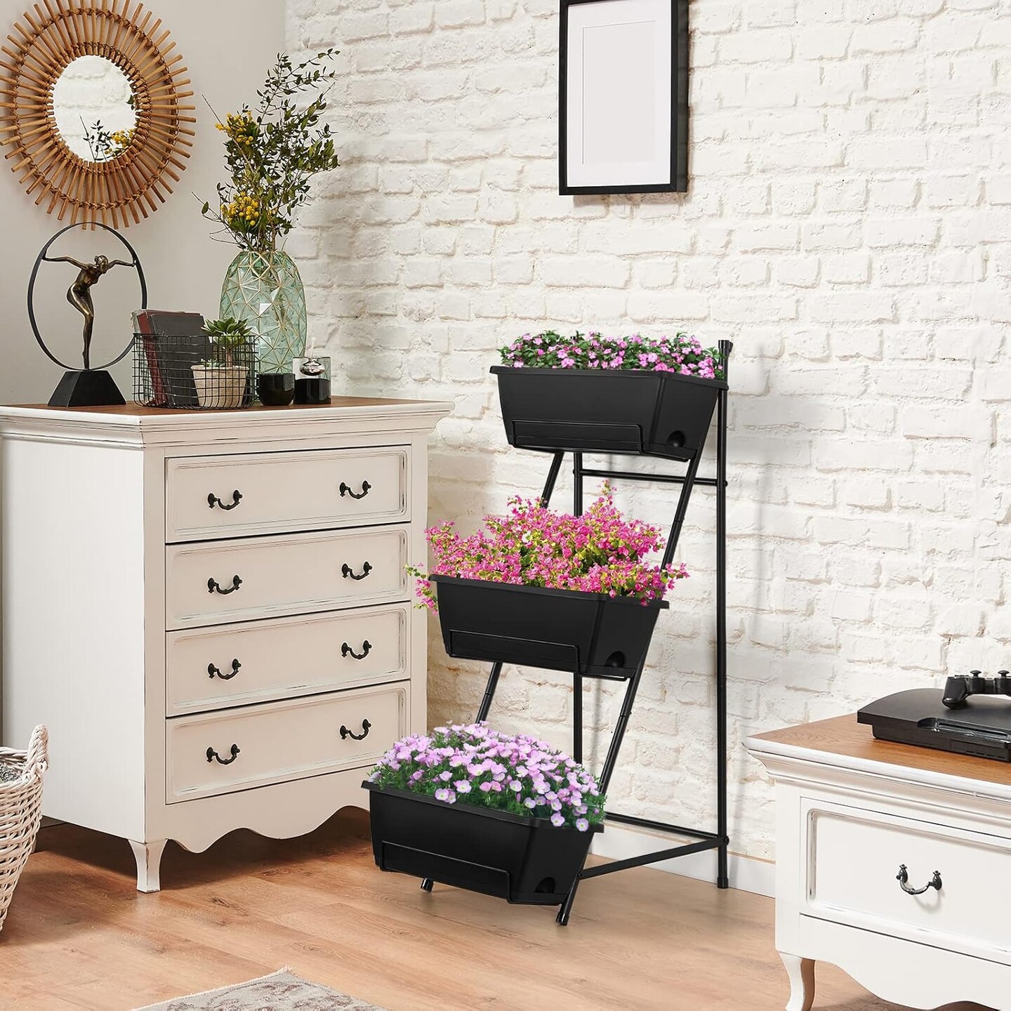 Vertical Raised Garden Bed Outdoor 3 Tiered Garden Planters Standing Elevated Planter Box with Drainage Holes for Plants Herbs Flowers Vegetables Brick