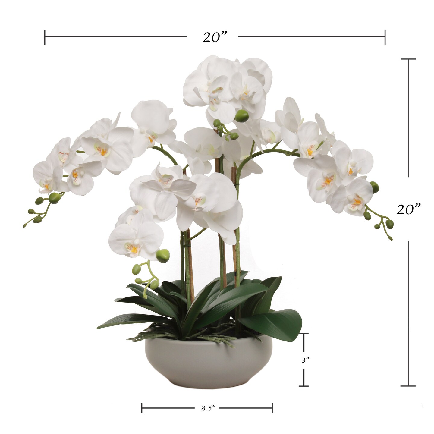 20&#x22; White Phalaenopsis Orchid Flowers in Round Grey Pot - Ideal for Home, Office, and Event D&#xE9;cor - Floral Home by Artificial Flowers