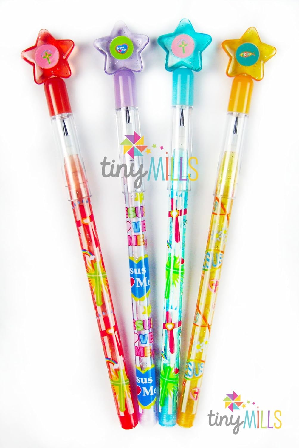 Tiny Mills 24 Pcs Christian Religious Multi Point Pencils Jesus Loves You Multi Point Stackable Pencil with Eraser for Sunday School Party Favor Prize Carnival Rewards Religious Prizes