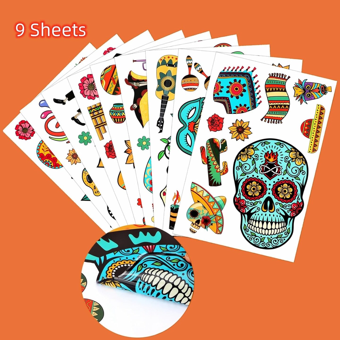 9 Sheets Mexican Day of The Dead Window Clings Dia de Los Muertos Window Decals Sugar Skull Window Clings for Halloween Day of The Dead Party Decorations