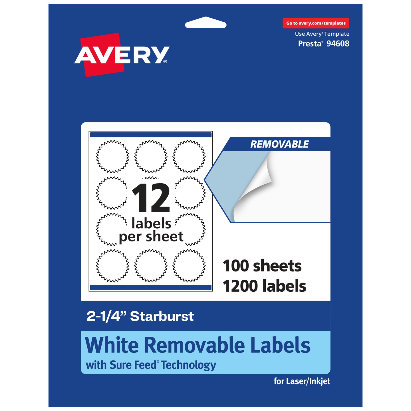 Avery Matte White Removable Starburst Labels with Sure Feed Technology, Print-to-the-Edge, 2.25&#x22;