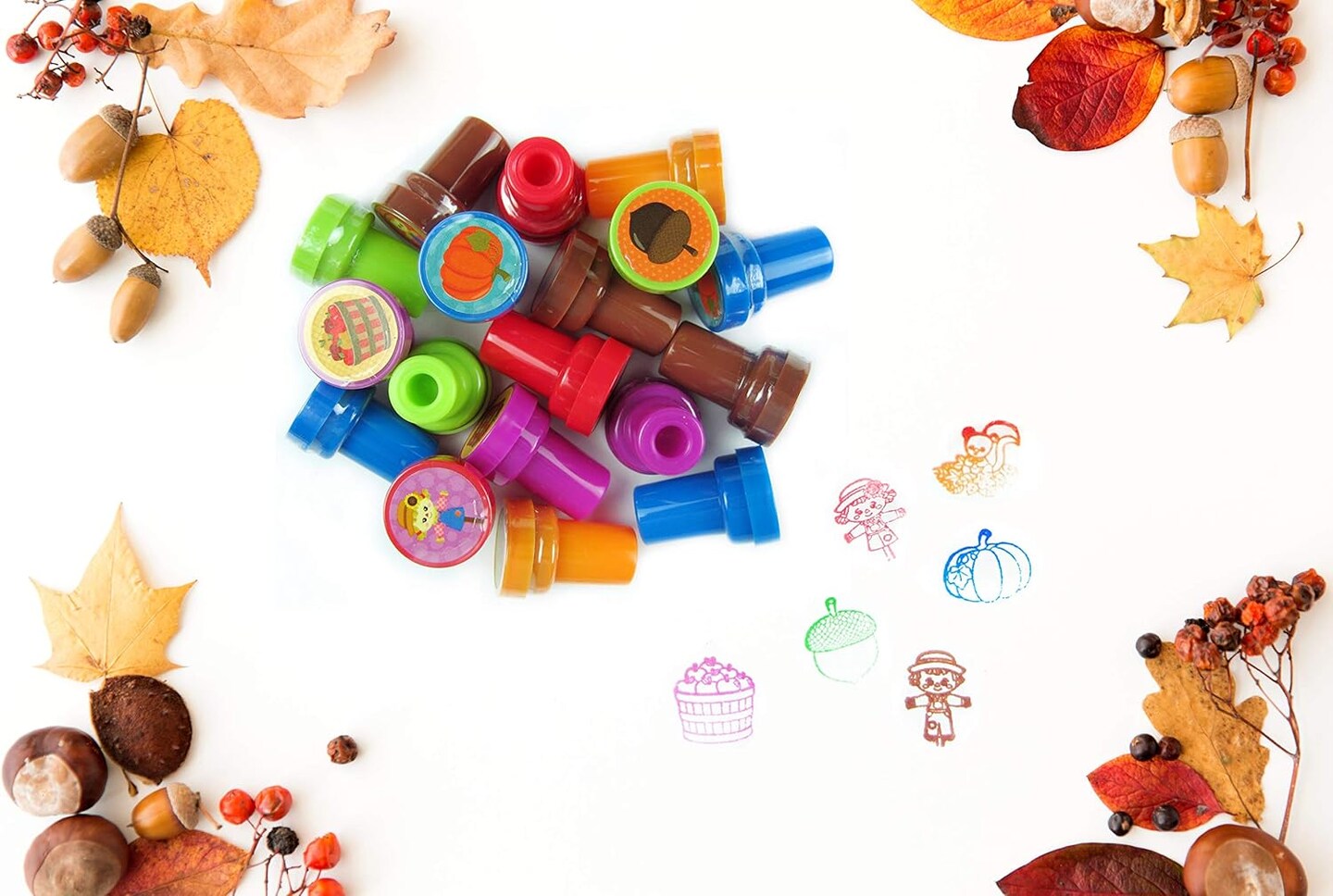 Tiny Mills 24 Pcs Fall Stampers for Kids Assorted Stamps for Kids Self Ink Stamps (12 Different Designs) Fall Party, Thanksgiving Halloween Party Favors, Goody Bag Filler Treats, Classroom Rewards
