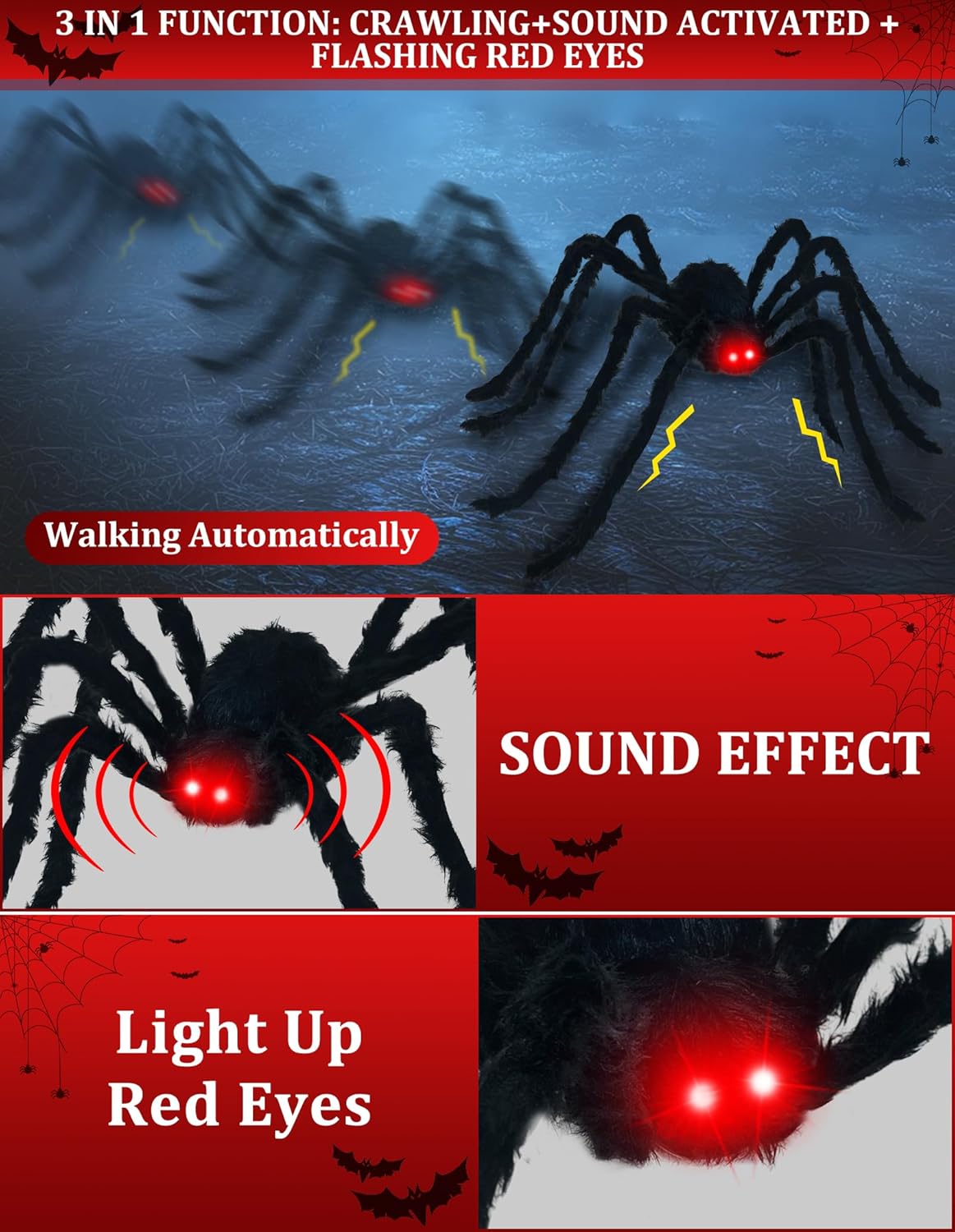 5.3 Ft Gaint Halloween Spider Decorations Black Hairy Crawling Spide with Red Lighted Eyes,Hissing Sound Sensor Halloween Animatronics Decorations Scary Spider for Party Haunted House Outdoor Indoor