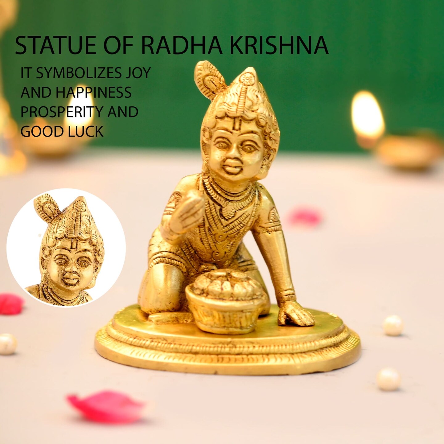 Brass Krishna Laddoo Gopal Kanha Bal Gopal Thakur Ji Makhan Chor Statue Idol Murti Sculpture Figurine for Home Temple Decor - Decorative Showpiece Janmashtami Housewarming Gift (3.5 Inches)